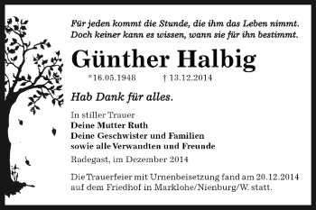 Traueranzeige von Günther Halbig von WVG - Wochenspiegel Dessau / Köthen