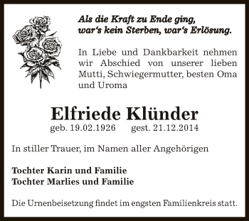 Traueranzeige von Elfriede Klünder von Super Sonntag Bernburg