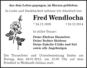 Traueranzeige von Fred Wendlocha von WVG - Wochenspiegel Dessau / Köthen