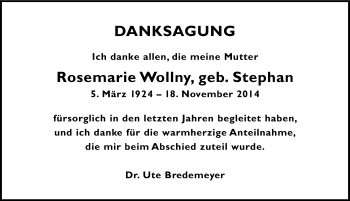 Traueranzeige von Rosemarie Wollny von Mitteldeutsche Zeitung Quedlinburg