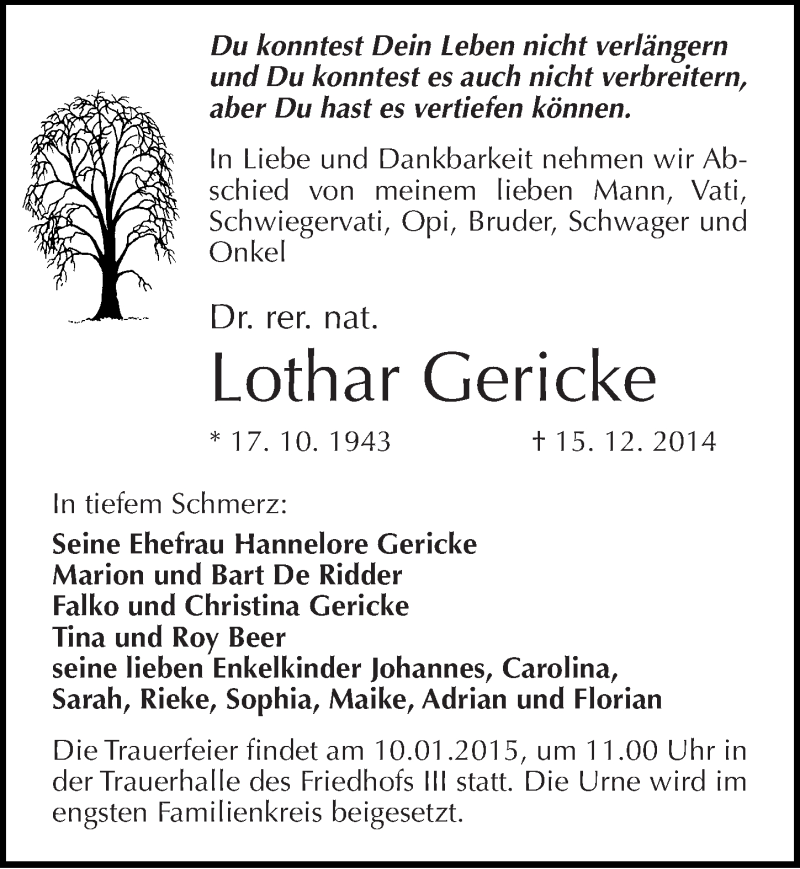  Traueranzeige für Lothar Gericke vom 23.12.2014 aus Mitteldeutsche Zeitung Dessau-Roßlau