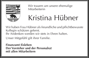Traueranzeige von Kristina Hübner von Mitteldeutsche Zeitung Sangerhausen