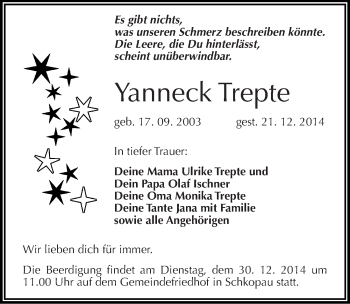 Traueranzeige von Yanneck Trepte von Mitteldeutsche Zeitung Merseburg/Querfurt