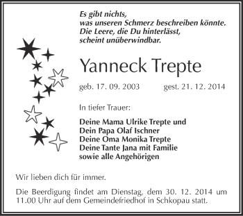 Traueranzeige von Yanneck Trepte von WVG - Wochenspiegel Merseburg