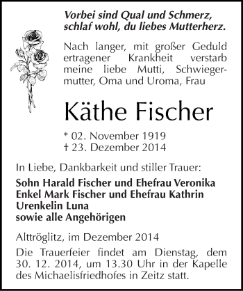 Traueranzeige von Käthe Fischer von Mitteldeutsche Zeitung Zeitz