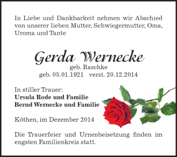 Traueranzeige von Gerda Wernecke von WVG - Wochenspiegel Dessau / Köthen