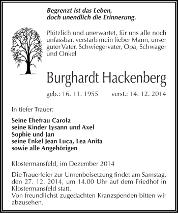 Traueranzeige von Burghardt Hackenberg von Mitteldeutsche Zeitung Mansfelder Land