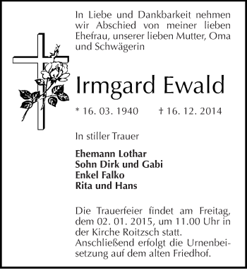 Traueranzeige von Irmgard Ewald von Mitteldeutsche Zeitung Bitterfeld
