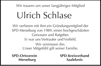 Traueranzeige von Ulrich Schlase von Mitteldeutsche Zeitung Merseburg/Querfurt