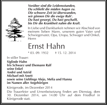 Traueranzeige von Ernst Hahn von Mitteldeutsche Zeitung Quedlinburg