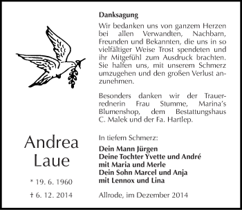 Traueranzeige von Andrea Laue von Mitteldeutsche Zeitung Quedlinburg