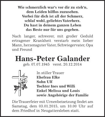 Traueranzeige von Hans-Peter Galander von Super Sonntag Bernburg