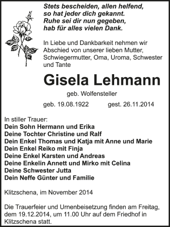 Traueranzeige von Gisela Lehmann von Mitteldeutsche Zeitung