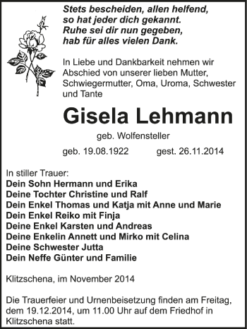 Traueranzeige von Gisela Lehmann von Super Sonntag