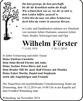 Traueranzeige von Wilhelm Förster von Super Sonntag