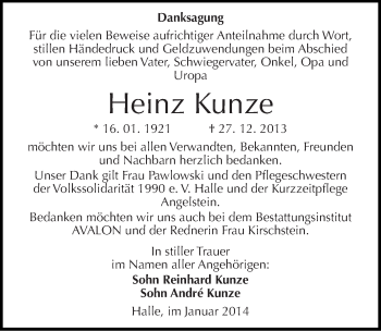 Traueranzeige von Heinz Kunze von Mitteldeutsche Zeitung Halle/Saalkreis