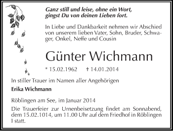 Traueranzeige von Günter Wichmann von Mitteldeutsche Zeitung Mansfelder Land
