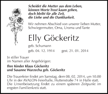 Traueranzeige von Elly Göckeritz von Mitteldeutsche Zeitung Halle/Saalkreis
