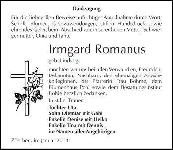 Traueranzeige von Irmgard Romanus von Mitteldeutsche Zeitung Merseburg/Querfurt