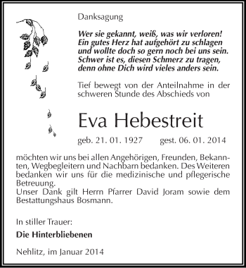Traueranzeige von Eva Hebestreit von Mitteldeutsche Zeitung Halle/Saalkreis