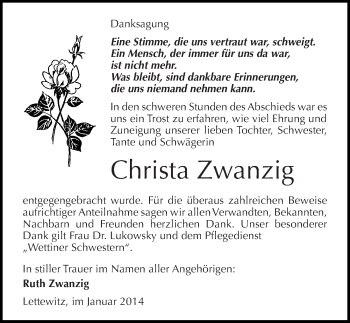 Traueranzeige von Christa Zwanzig von Mitteldeutsche Zeitung Halle/Saalkreis
