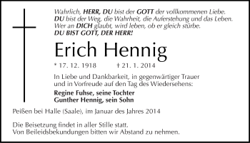 Traueranzeige von Erich Hennig von Mitteldeutsche Zeitung Halle/Saalkreis