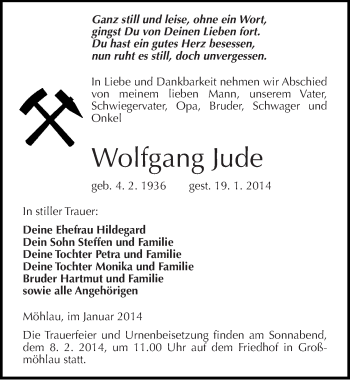Traueranzeige von Wolfgang Jude von Mitteldeutsche Zeitung Wittenberg