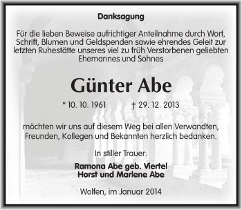 Traueranzeige von Günter Abe von Mitteldeutsche Zeitung Bitterfeld