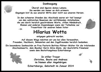 Traueranzeige von Hilarius Wotta von Mitteldeutsche Zeitung Naumburg/Nebra