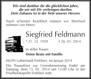 Traueranzeige von Siegfried Feldmann von Mitteldeutsche Zeitung Mansfelder Land