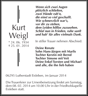 Traueranzeige von Kurt Weigl von Mitteldeutsche Zeitung Mansfelder Land