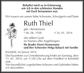 Traueranzeige von Ruth Thiel von Mitteldeutsche Zeitung Mansfelder Land