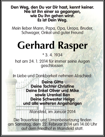 Traueranzeige von Gerhard Rasper von Mitteldeutsche Zeitung Mansfelder Land