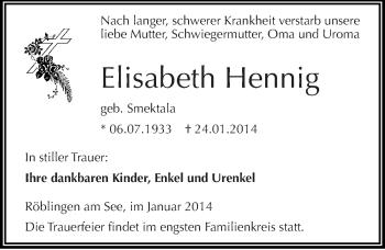 Traueranzeige von Elisabeth Hennig von Mitteldeutsche Zeitung Mansfelder Land