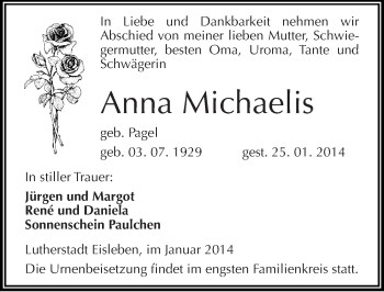Traueranzeige von Anna Michaelis von Mitteldeutsche Zeitung Mansfelder Land