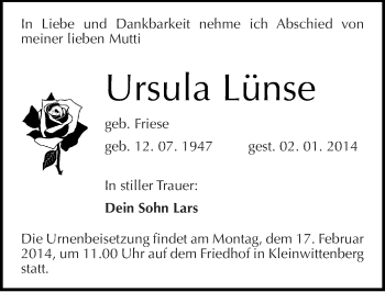 Traueranzeige von Ursula Lünse von Mitteldeutsche Zeitung Wittenberg