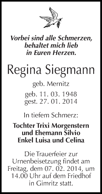 Traueranzeige von Regina Siegmann von Mitteldeutsche Zeitung Halle/Saalkreis