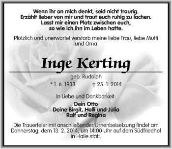 Traueranzeige von Inge Kerting von Mitteldeutsche Zeitung Halle/Saalkreis