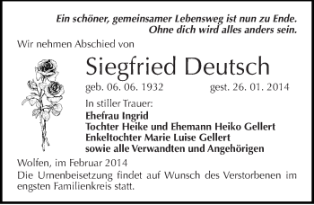Traueranzeige von Siegfried Deutsch von Mitteldeutsche Zeitung Aschersleben