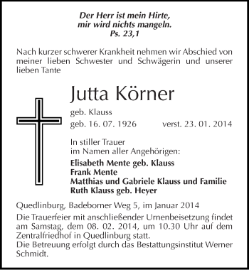 Traueranzeige von Jutta Körner von Mitteldeutsche Zeitung Quedlinburg
