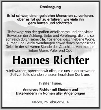 Traueranzeige von Hannes Richter von Mitteldeutsche Zeitung Naumburg/Nebra