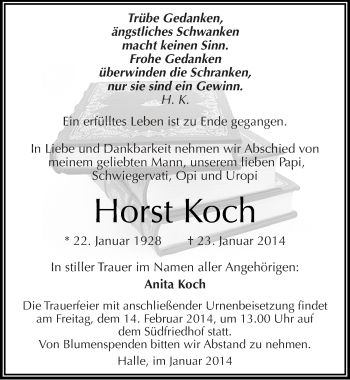 Traueranzeige von Horst Koch von Mitteldeutsche Zeitung Halle/Saalkreis