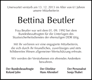 Traueranzeige von Bettina Beutler von Mitteldeutsche Zeitung Halle/Saalkreis