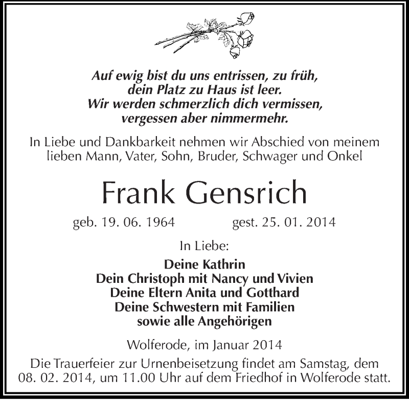  Traueranzeige für Frank Gensrich vom 01.02.2014 aus Mitteldeutsche Zeitung Mansfelder Land