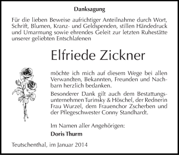 Traueranzeige von Elfriede Zickner von Mitteldeutsche Zeitung Halle/Saalkreis