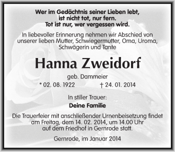 Traueranzeige von Hanna Zweidorf von Mitteldeutsche Zeitung Quedlinburg