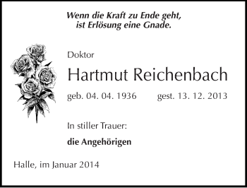 Traueranzeige von Hartmut Reichenbach von Mitteldeutsche Zeitung Halle/Saalkreis