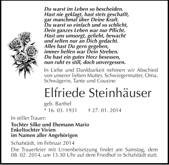 Traueranzeige von Elfriede Steinhäuser von Mitteldeutsche Zeitung Merseburg/Querfurt
