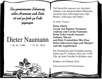 Traueranzeige von Dieter Naumann von Mitteldeutsche Zeitung Köthen