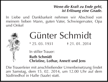 Traueranzeige von Günter Schmidt von Mitteldeutsche Zeitung Halle/Saalkreis